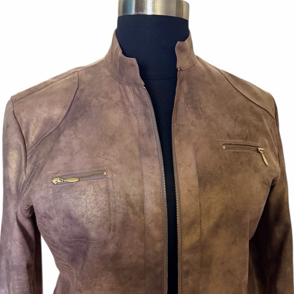 Chico's Moto Style Lined Jacket Brown Faux Suede with Metallic Shine (Size 3) - Picture 2 of 6